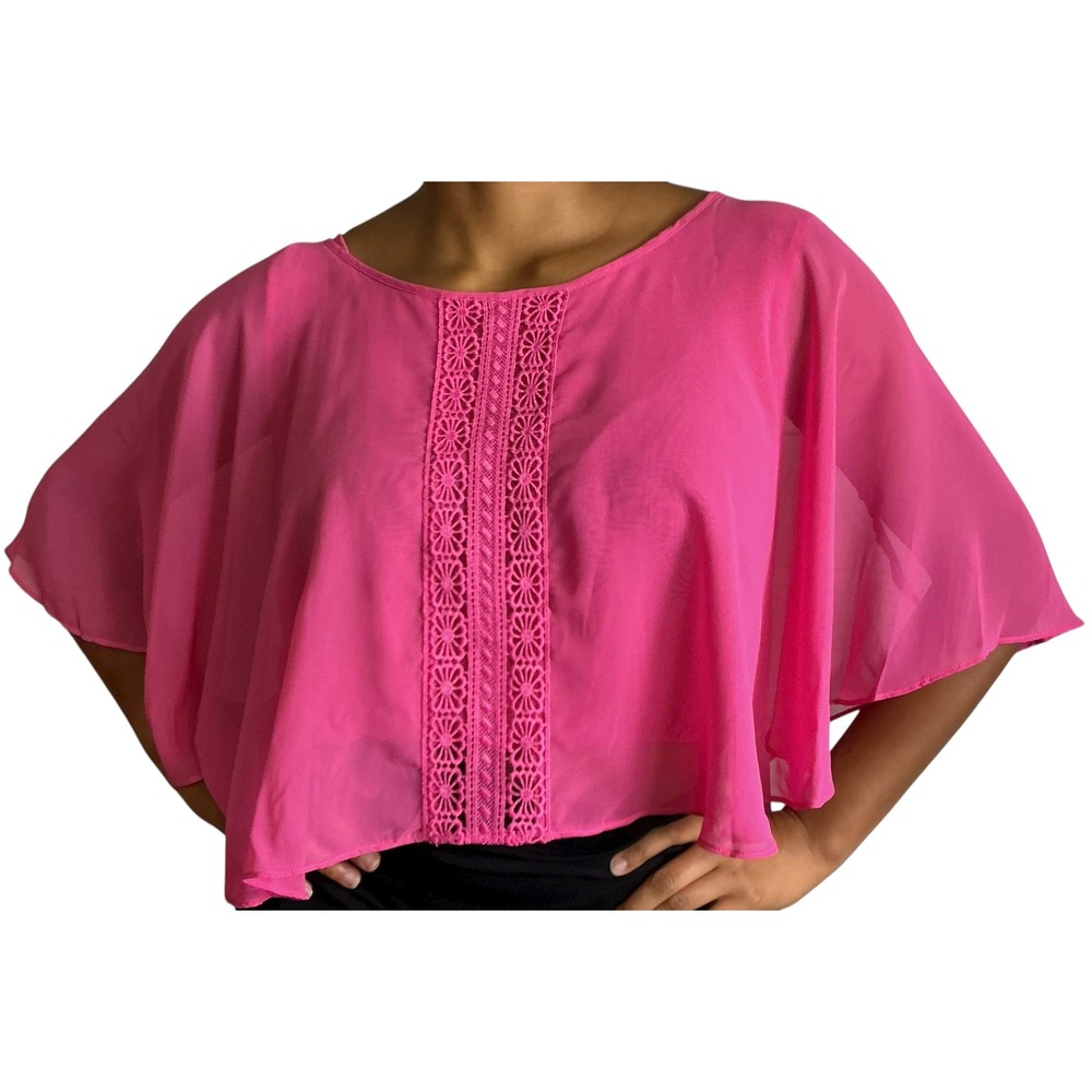 Love by Design Pink Sheer Cape Top Crochet Trim Flowy Blouse Cover Up Cropped XL